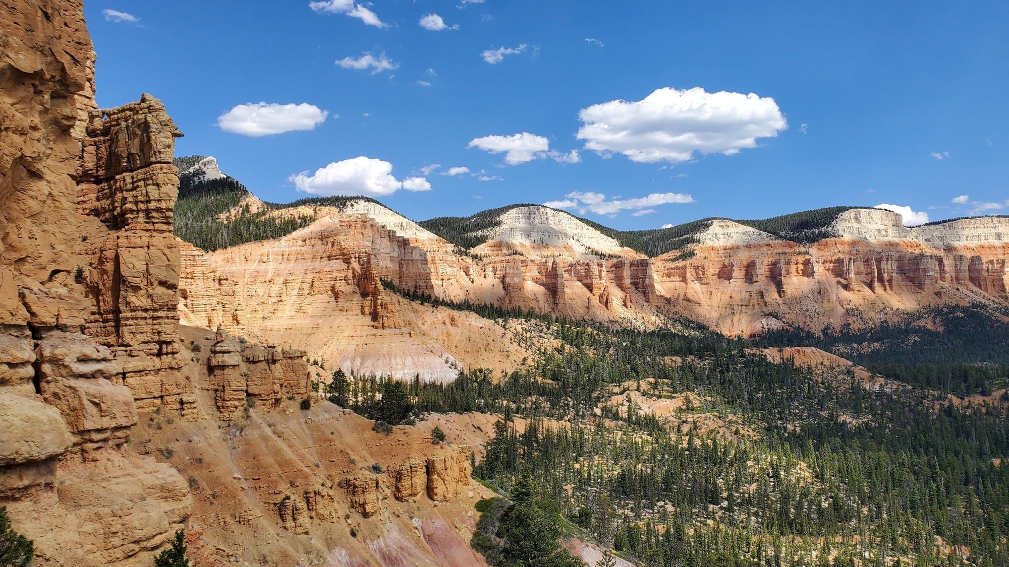 Red and white hoodoo cliffs and pine forest under a blue sky in the high country above Cedar City, Utah.